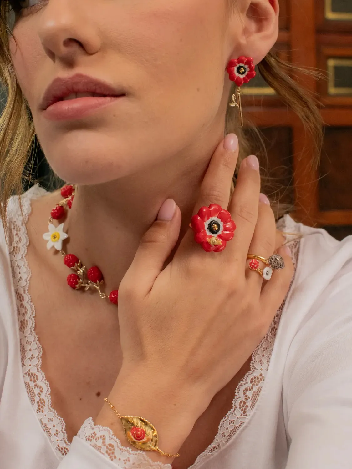 Nach Bijoux Bague anémone rouge ajustable porcelaine