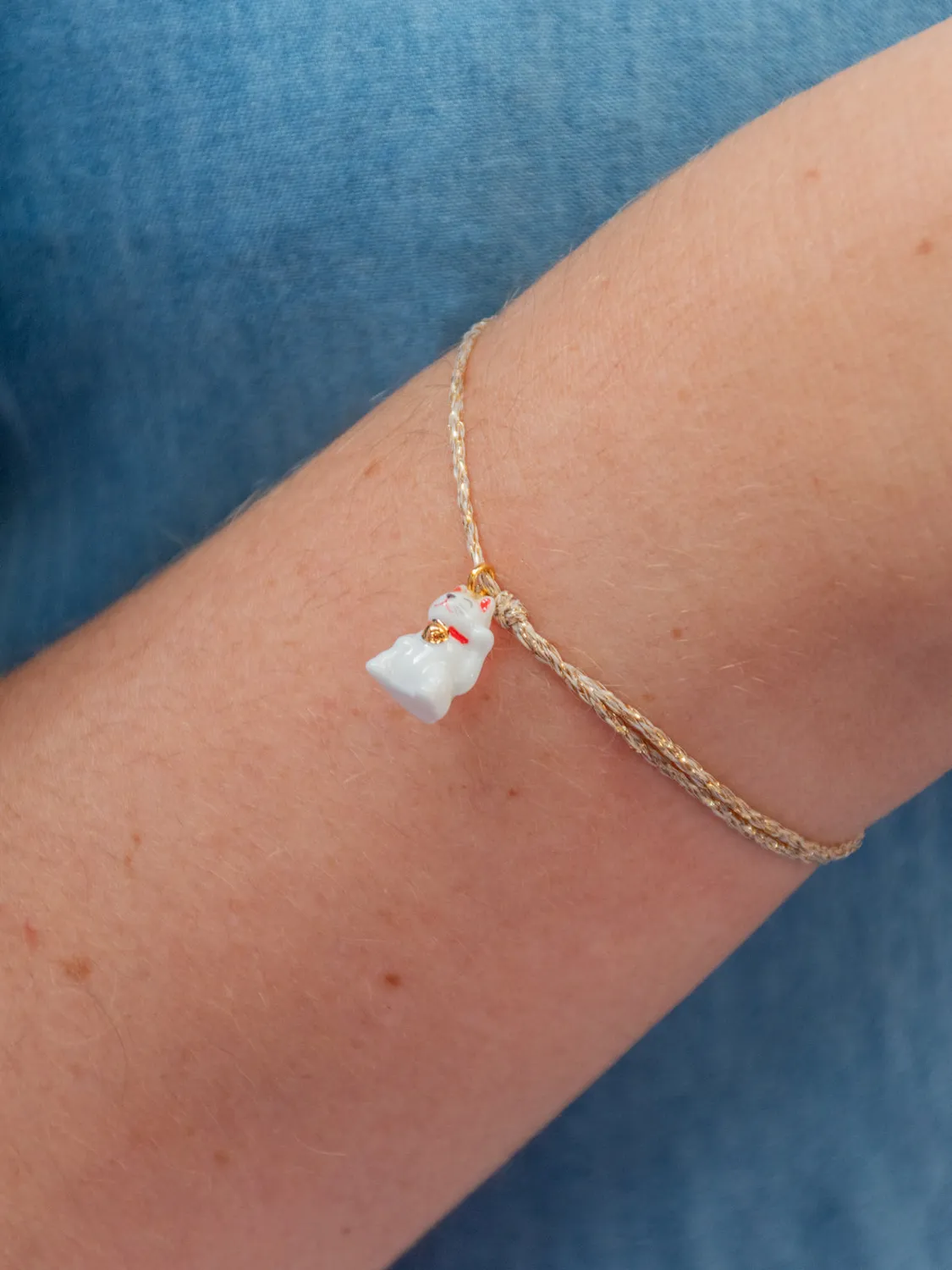 Nach Bijoux Lucky you bracelet maneki neko cordon beige doré