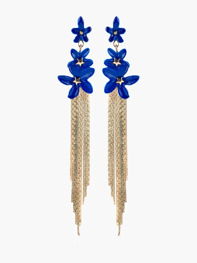 Nach Bijoux Jasmin boucles d'oreilles franges fleurs bleues 11 cm