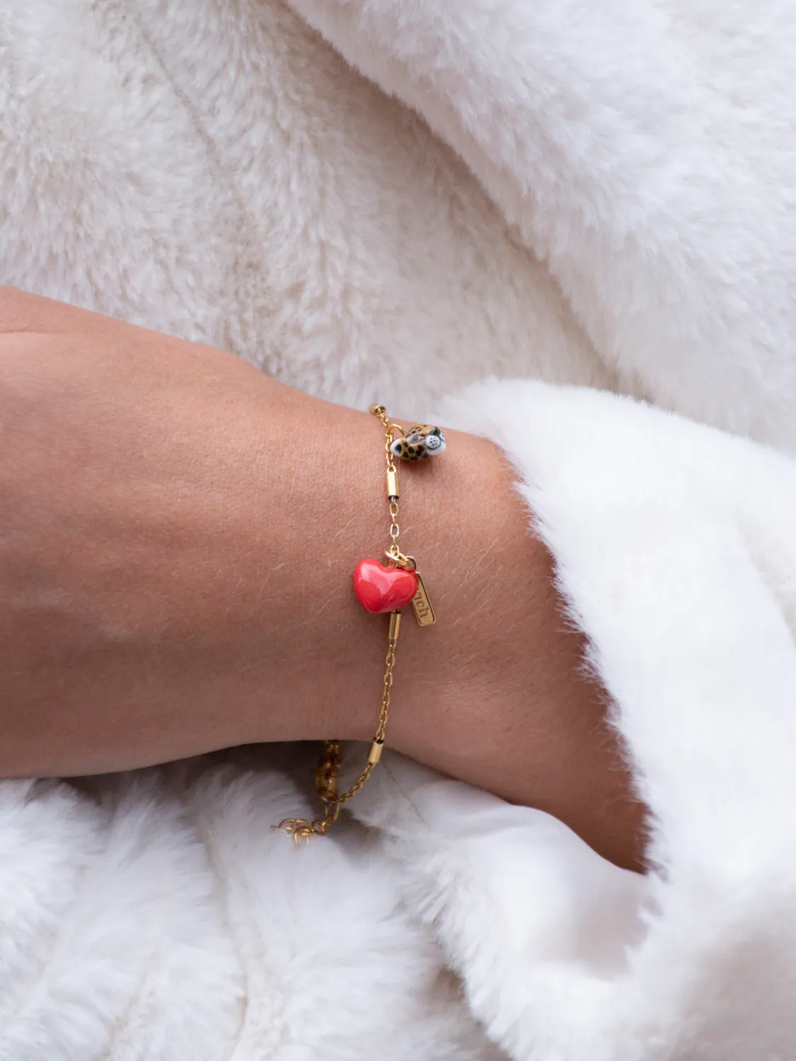 Nach Bijoux Bracelet chaîne léopard et cœur porcelaine verre