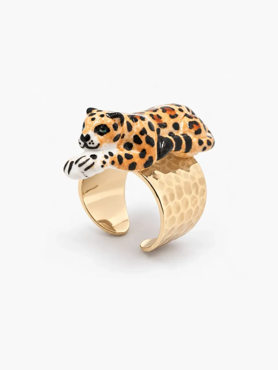 Nach Bijoux léopard couché bague martelée ajustable dorée