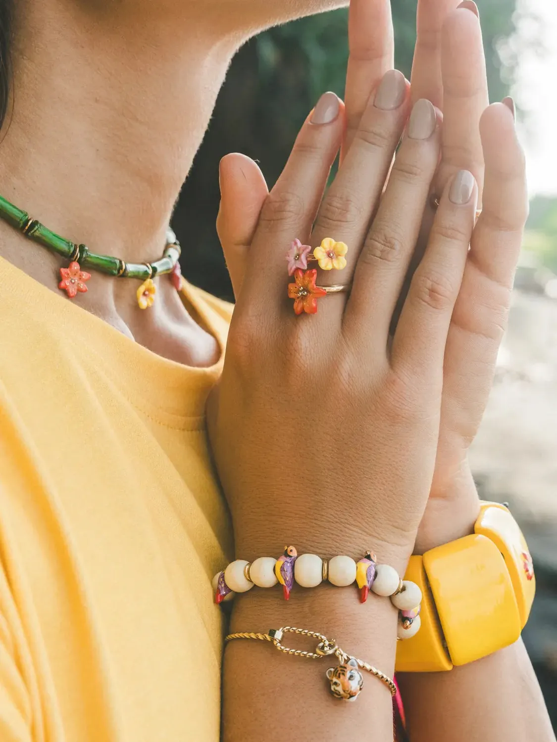 Nach Bijoux multi fleurs tropicales bague ajustable porcelaine