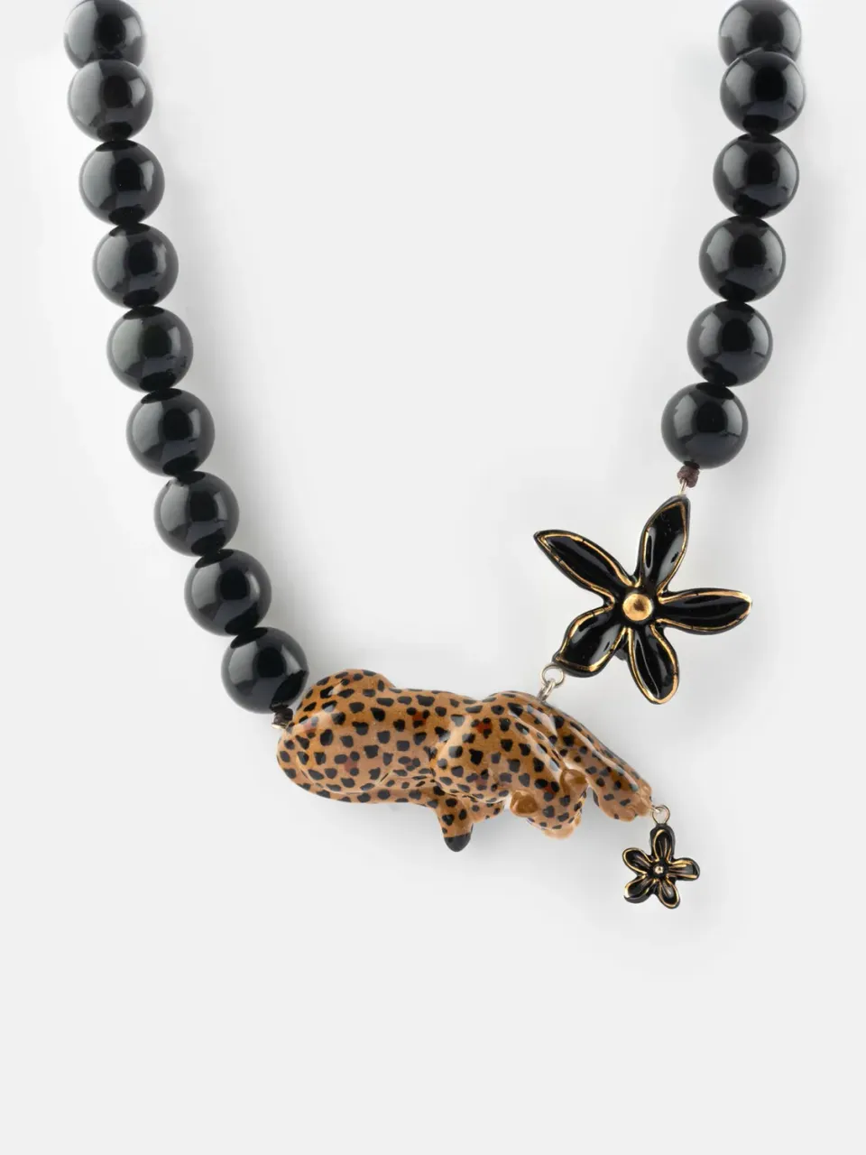 Nach Bijoux Idole sauvage Léopard fleur perles collier obsidienne